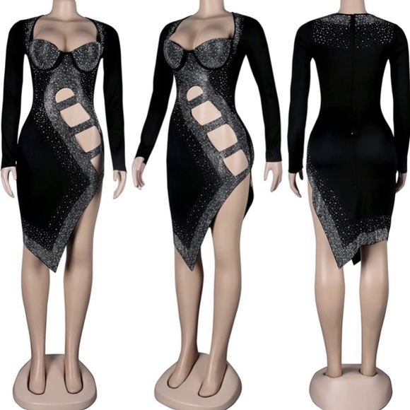 HP Long sleeve Black dress with rhinestones and slits night out size 3XL - Picture 2 of 9